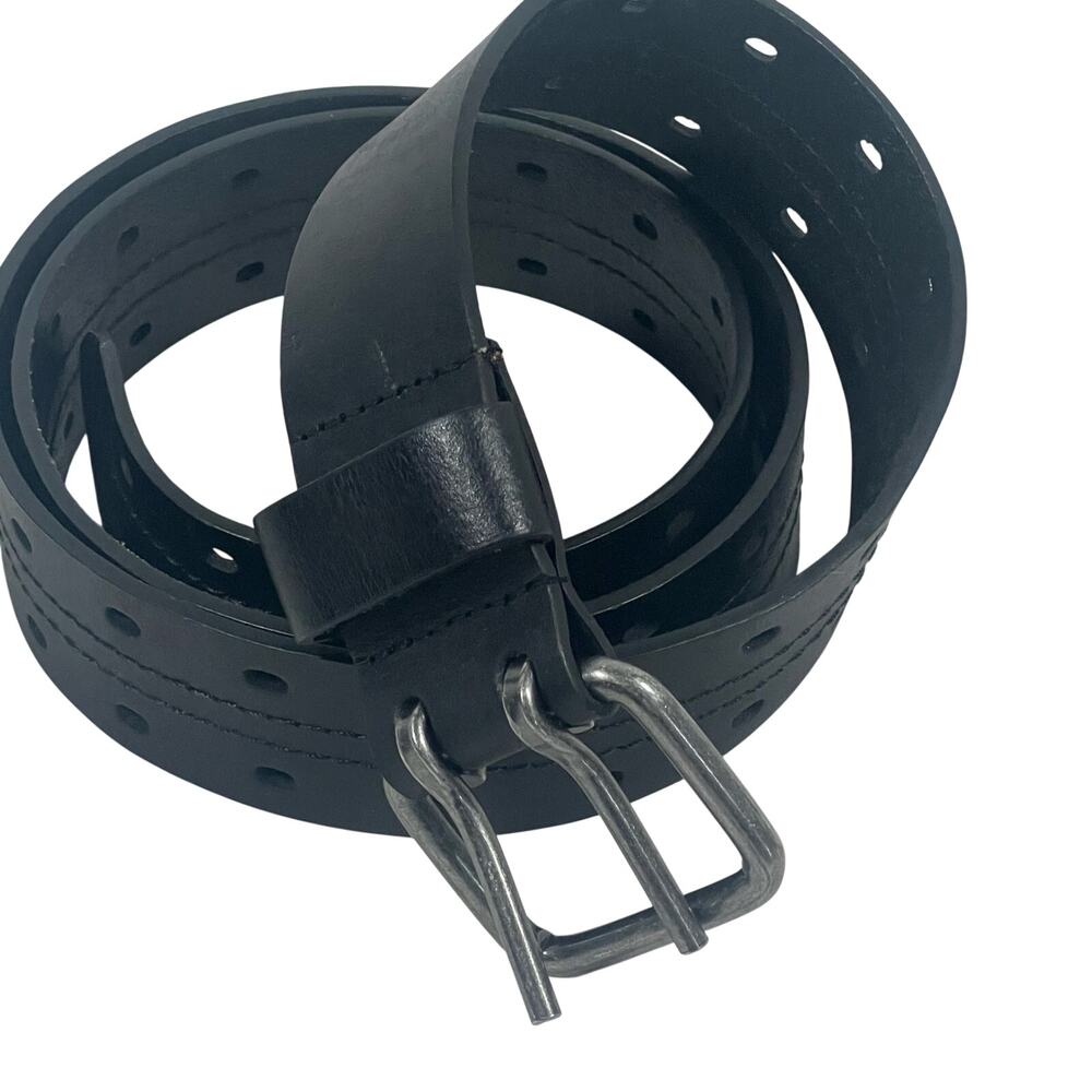 Black Leather Belt Perforated Double-row Design Two-prong Metal Buckle 48"